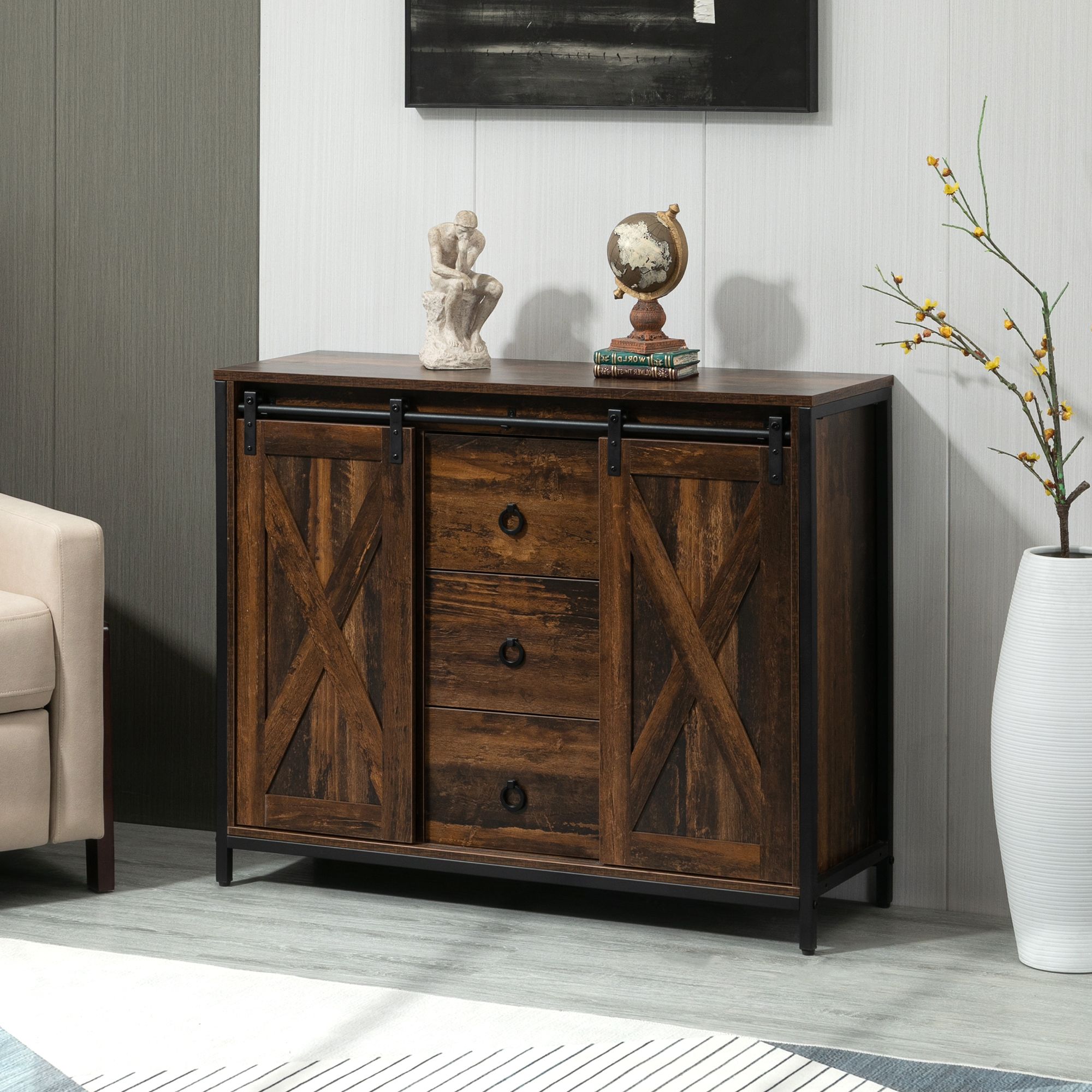 Homcom Industrial Buffet Cabinet, Kitchen Sideboard With Sliding Barn Doors,  Three Drawers And Adjustable Shelves For Living Room, Dining Room, Rustic  Brown | Aosom Canada For Sideboards Double Barn Door Buffet (Gallery 19 of 20)