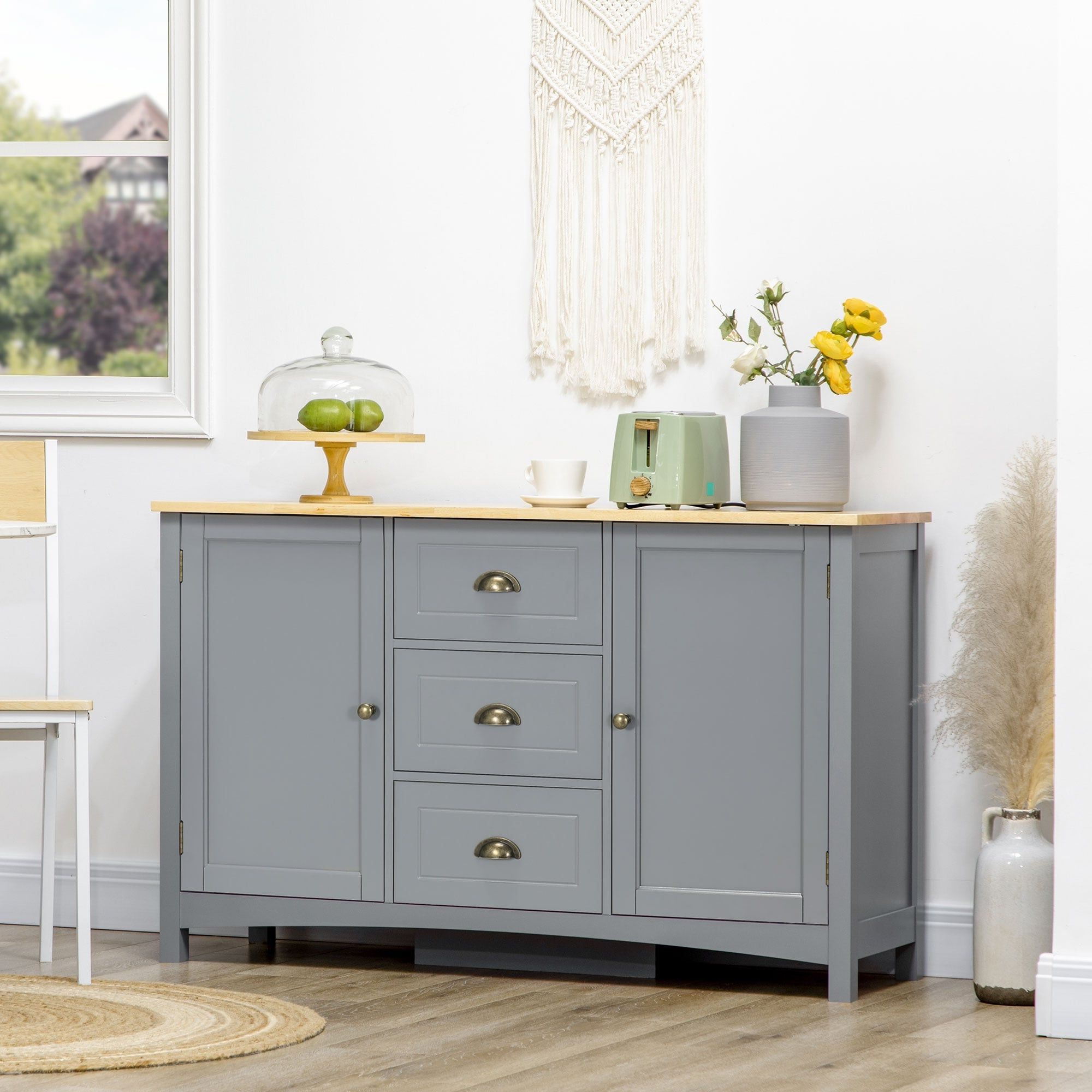 Homcom Sideboard Buffet Cabinet, Retro Kitchen Cabinet, Coffee Bar Cabinet  With Rubber Wood Top, Drawers, Entryway, Gray – Bed Bath & Beyond – 38858360 Inside Sideboards With Rubberwood Top (View 4 of 20)