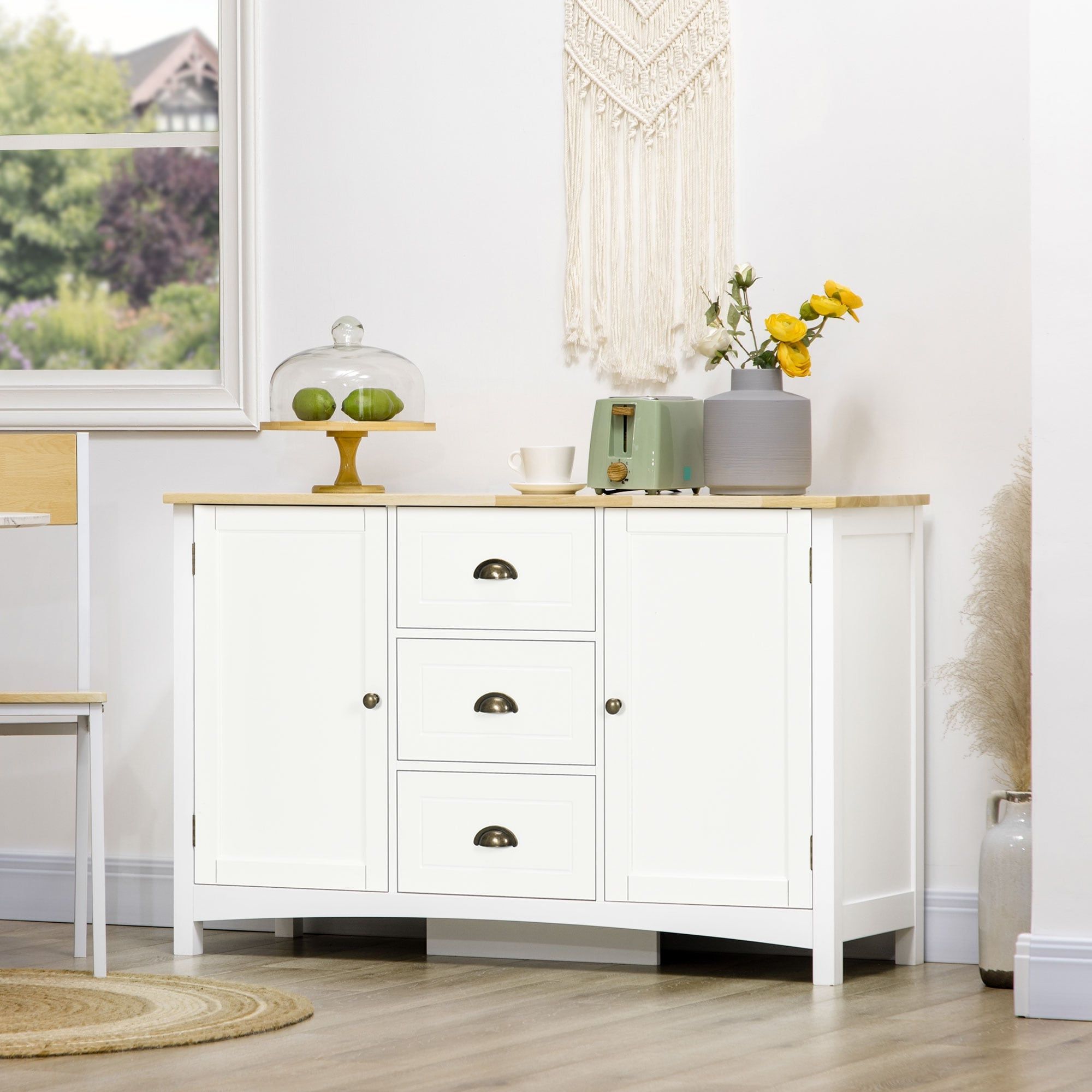 Homcom Sideboard Buffet Cabinet, Retro Kitchen Cabinet, Coffee Bar Cabinet  With Rubber Wood Top, Drawers, Entryway, Gray – Bed Bath & Beyond – 38858360 Regarding Sideboards With Rubberwood Top (Gallery 20 of 20)