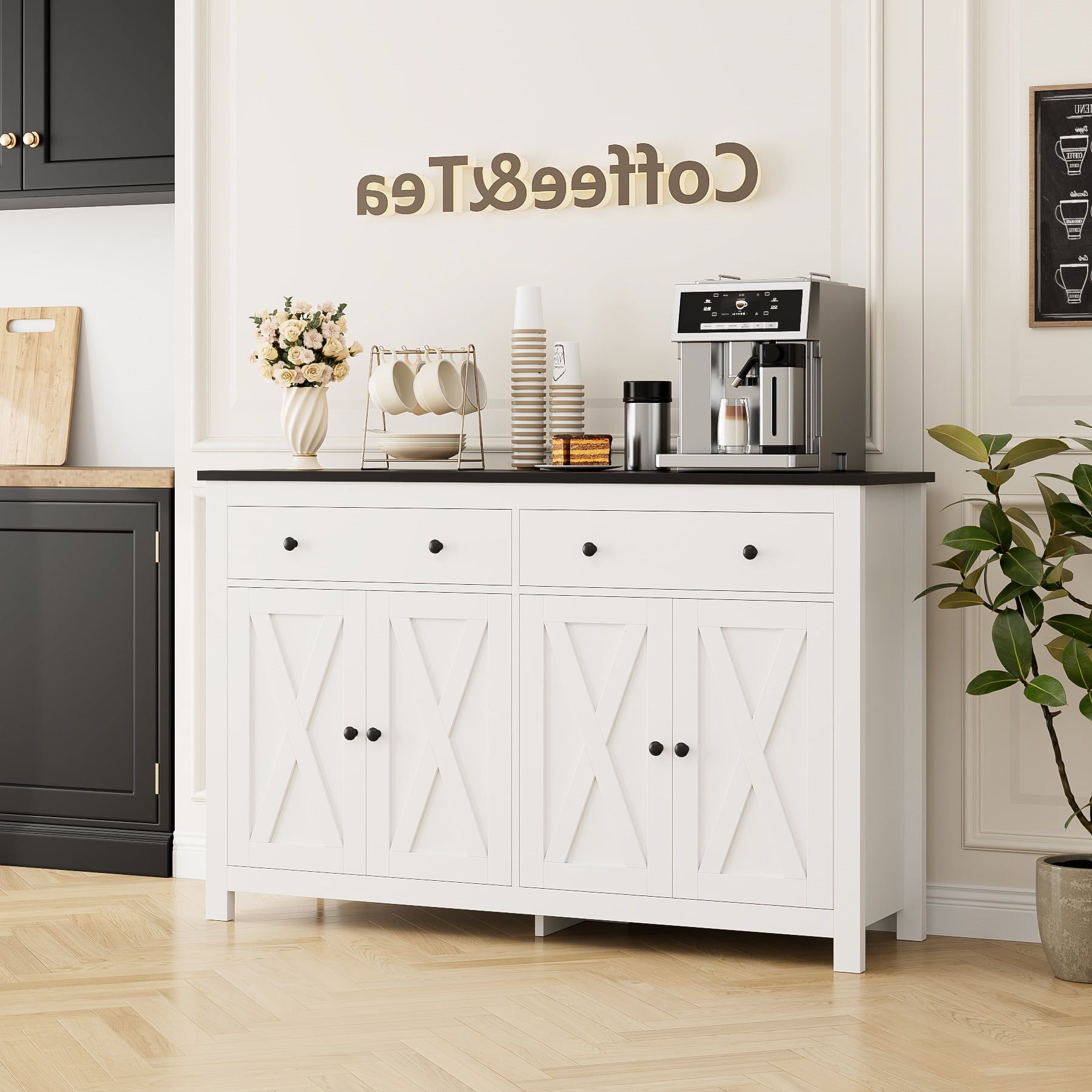 Homfa 4 Doors With 2 Drawers Farmhouse Storage Cabinet, Wood Kitchen  Sideboard With Adjustable Shelves, White Black – Walmart With Regard To Sideboards With Adjustable Shelves (Gallery 4 of 20)