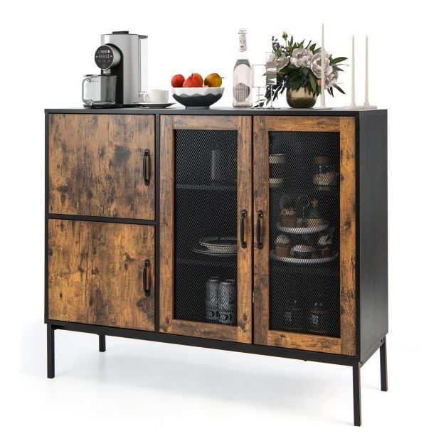 Industrial Kitchen Sideboard With Mesh Doors And Anti Toppling Device –  Costway With Sideboards With Breathable Mesh Doors (Gallery 13 of 20)
