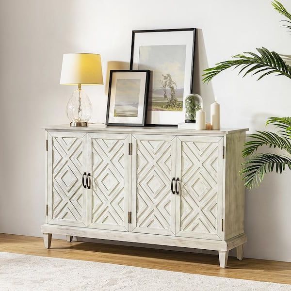 Jayden Creation Arne 60'' Wide Traditional Solid Wood 4 Doors Geometric  Patterns Storage Sideboard With Adjustable Shelves White Sbty0656 Wte – The  Home Depot Inside Geometric Sideboards (View 16 of 20)