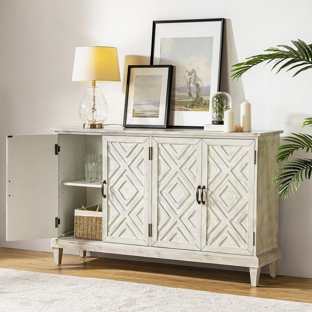 Jayden Creation Arne 60'' Wide Traditional Solid Wood 4 Doors Geometric  Patterns Storage Sideboard With Adjustable Shelves White Sbty0656 Wte – The  Home Depot With Regard To Geometric Sideboards (View 14 of 20)