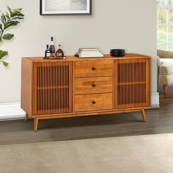 Jayden Creation Cyril Mid Century Acorn 3 Drawer Sideboard With Wooden Legs  And Slatted Doors Tvyj0746 Acr – The Home Depot Regarding Mid Century Sideboards (View 18 of 20)