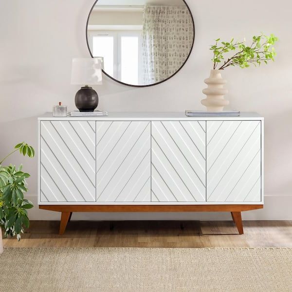 Jayden Creation Horaz White Wood 60 In.w 4 Doors Mid Century Modern  Sideboard With Solid Wood Legs Sbhm0638 Wte – The Home Depot With Regard To Mid Century Modern White Sideboards (Gallery 7 of 20)