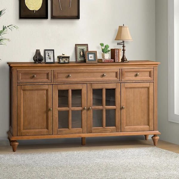 Jayden Creation Nikolaj Acorn 58 In. W 3 Drawer Sideboard With Solid Wood  Legs Sbhm0622 Acr – The Home Depot Intended For Sideboards With 3 Drawers (Gallery 2 of 20)