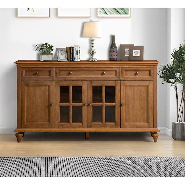 Jayden Creation Nikolaj Acorn 58 In. W 3 Drawer Sideboard With Solid Wood  Legs Sbhm0622 Acr – The Home Depot Pertaining To 3 Drawer Sideboards (Gallery 10 of 20)