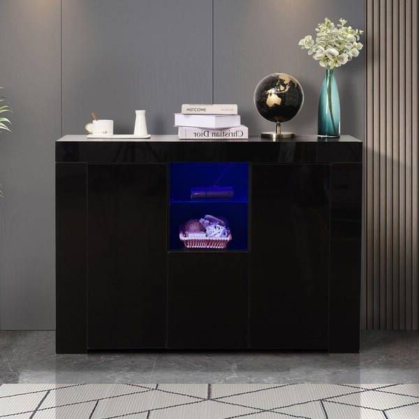 Kahomvis Black High Gloss Wood Buffet With Led Light Js Lkw33s030 – The  Home Depot Within Sideboards With Led Light (Gallery 15 of 20)