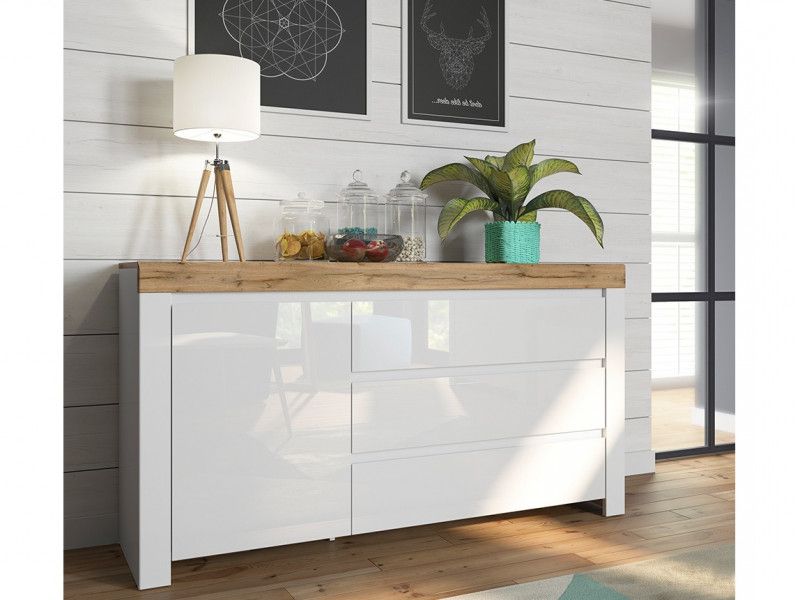 Large Sideboard Unit 3 Drawer Cabinet White Gloss/oak Scandinavian | Impact  Furniture Within White Sideboards For Living Room (View 7 of 20)