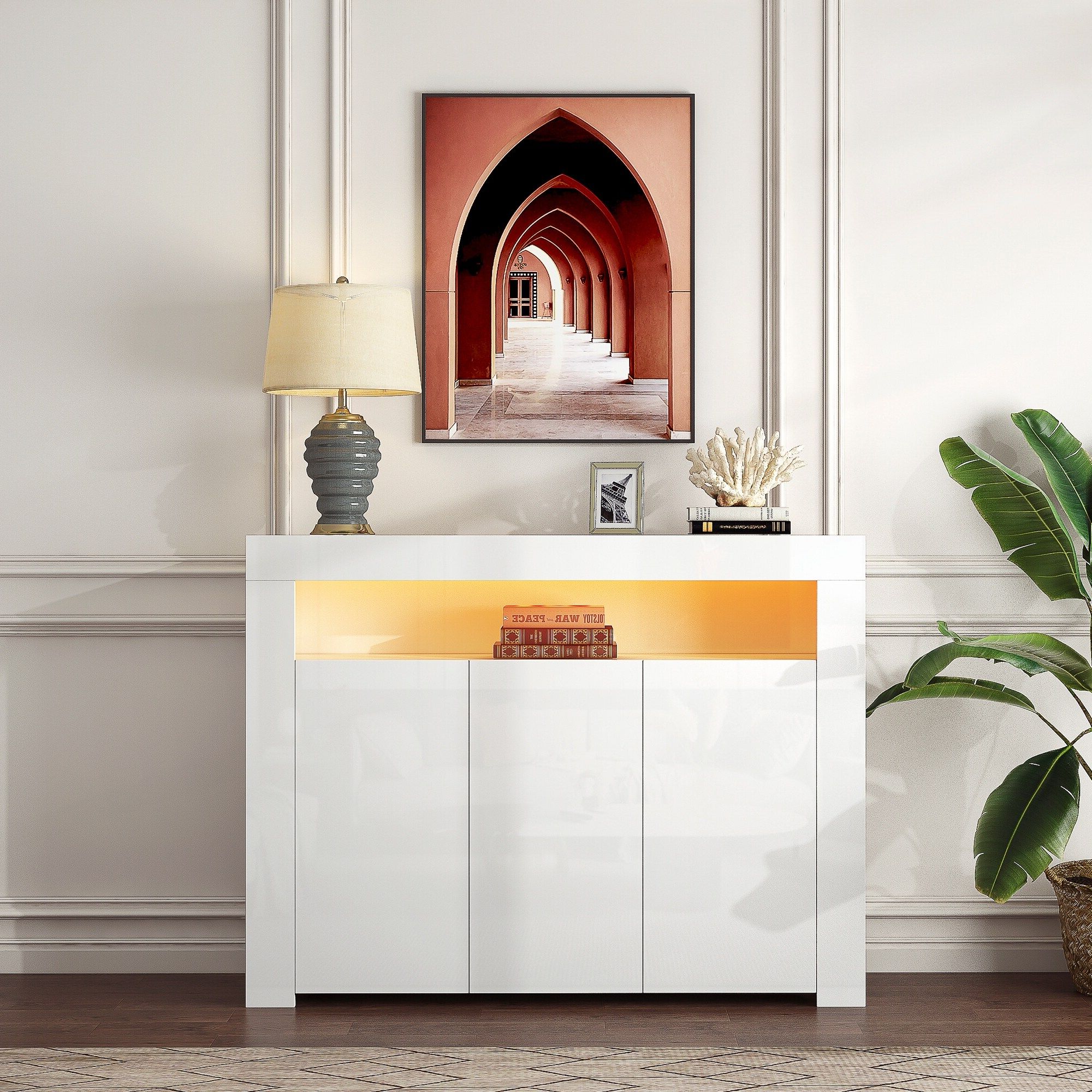 Living Room Sideboard Storage Cabinet With Led Light, Modern Kitchen Unit Cupboard  Buffet Wooden Storage With 3 Doors – Bed Bath & Beyond – 36976758 With Regard To 3 Doors Sideboards Storage Cabinet (View 13 of 20)