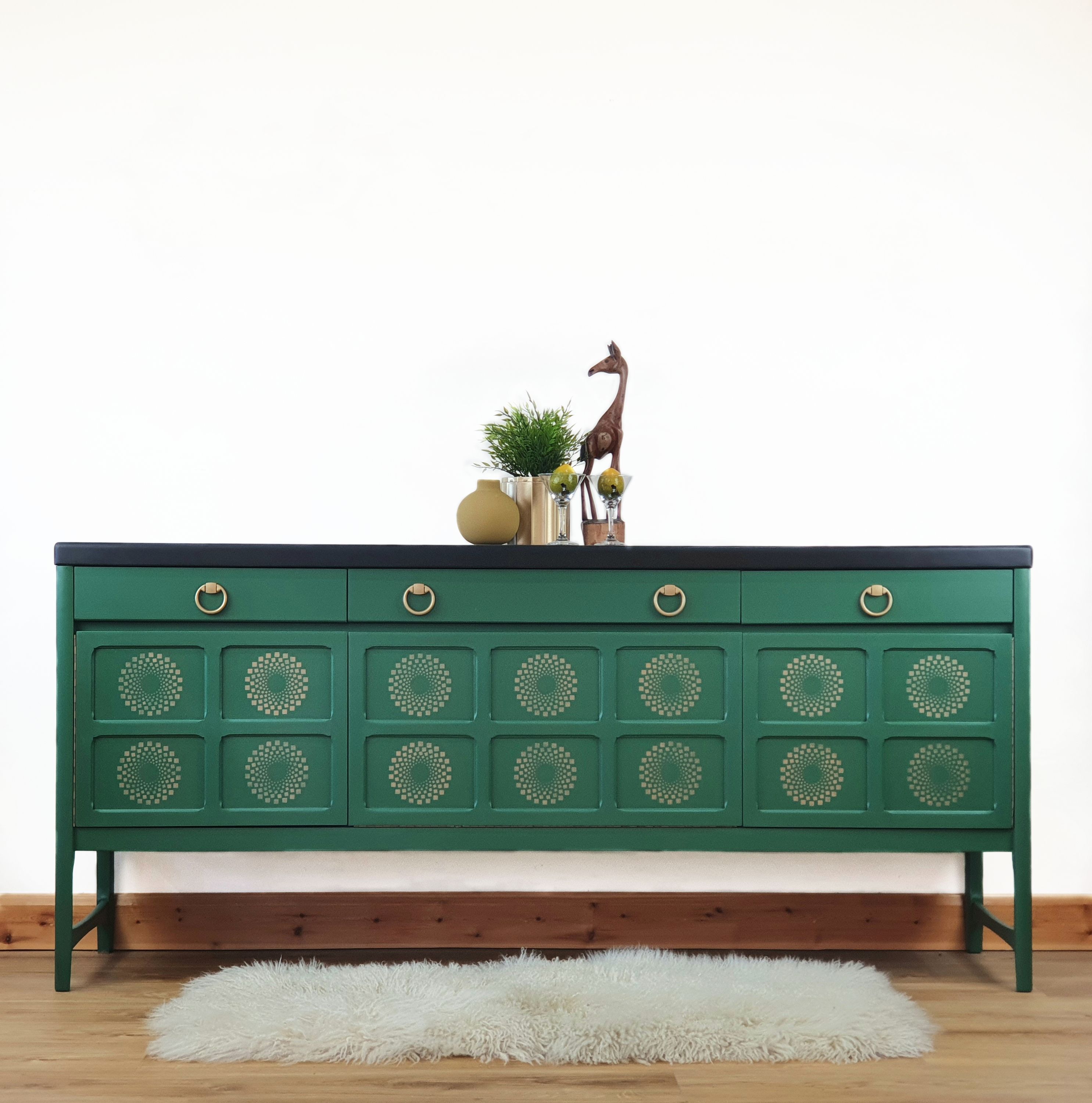Mid Century Nathan Squares Sideboard, Vintage Retro Geometric Design,  Painted Dark Green And Gold With Dark Stained Top. | Vinterior Throughout Geometric Sideboards (Gallery 20 of 20)