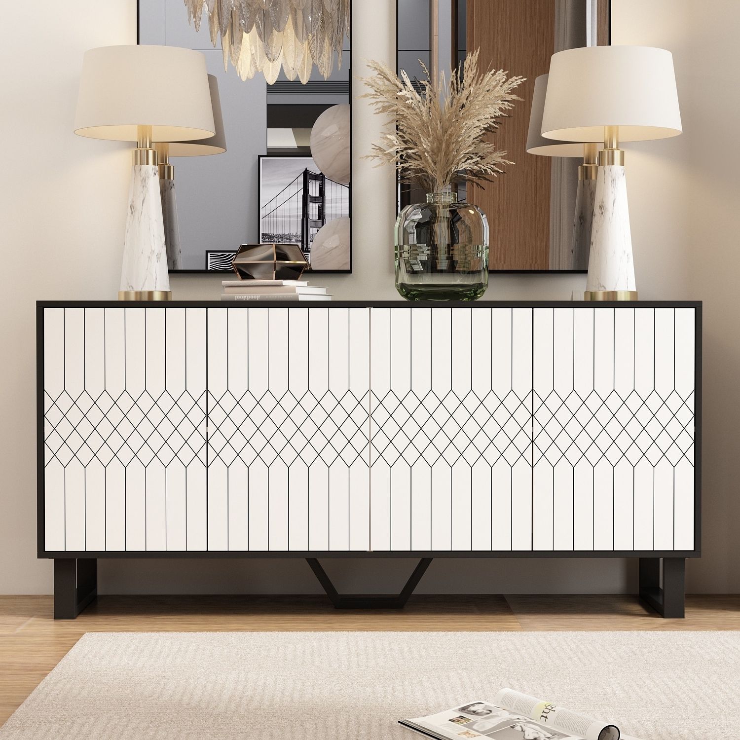 Modern 4 Door Bookmatch Buffet 63inch Black White End Table Sideboard – Bed  Bath & Beyond – 37181869 Throughout Sideboards Bookmatch Buffet (View 15 of 20)