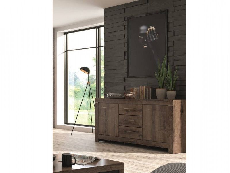 Modern Living Room Wide Sideboard Dresser Storage Cabinet 2 Door Unit With 3  Drawers Oak/black Effect | Impact Furniture With 3 Drawers Sideboards Storage Cabinet (View 11 of 20)