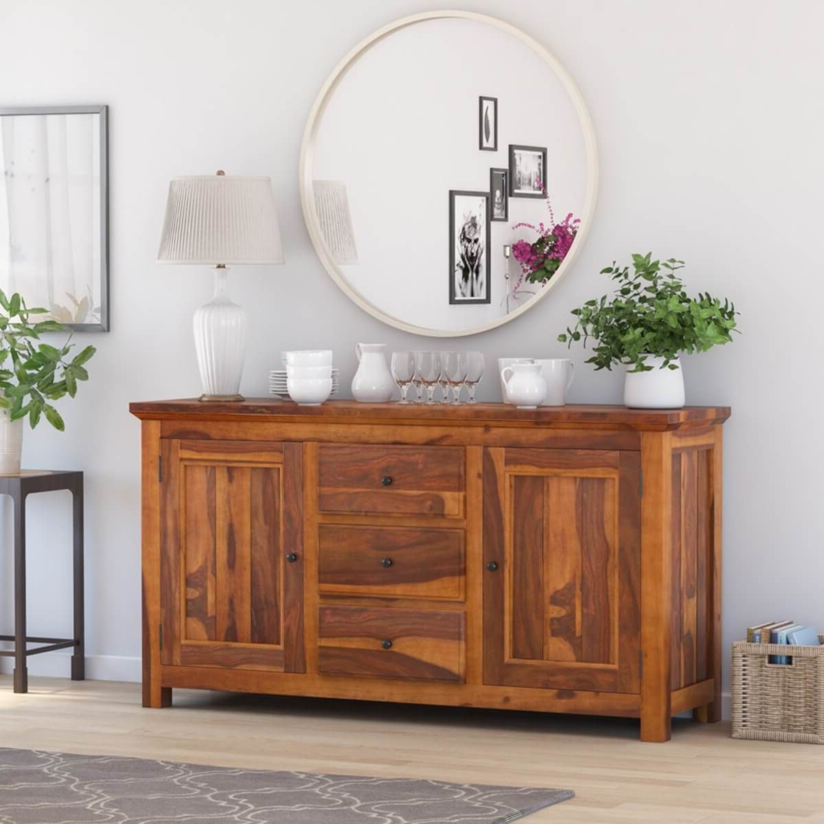 Naperville Rustic Solid Wood 3 Drawer Large Sideboard Cabinet Throughout Sideboards With 3 Drawers (View 10 of 20)