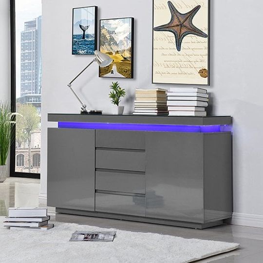 Odessa Grey High Gloss Sideboard With 2 Door 4 Drawer And Led | Furniture  In Fashion For Sideboards With Led Light (View 9 of 20)