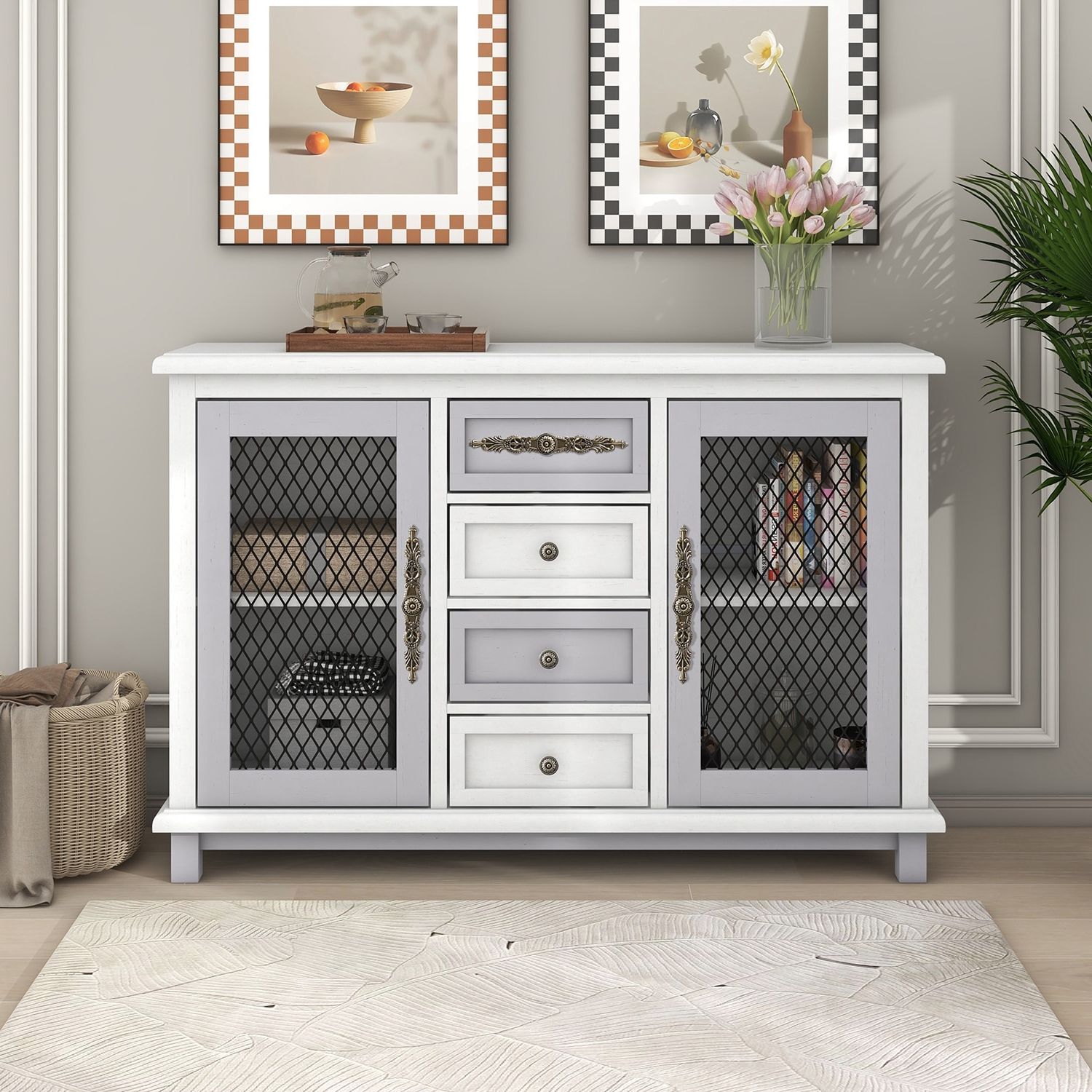 Retro Buffets Sideboard Cabinet With 4 Drawers And 2 Iron Mesh Doors – On  Sale – Bed Bath & Beyond – 37167131 Inside Sideboards With Breathable Mesh Doors (View 3 of 20)