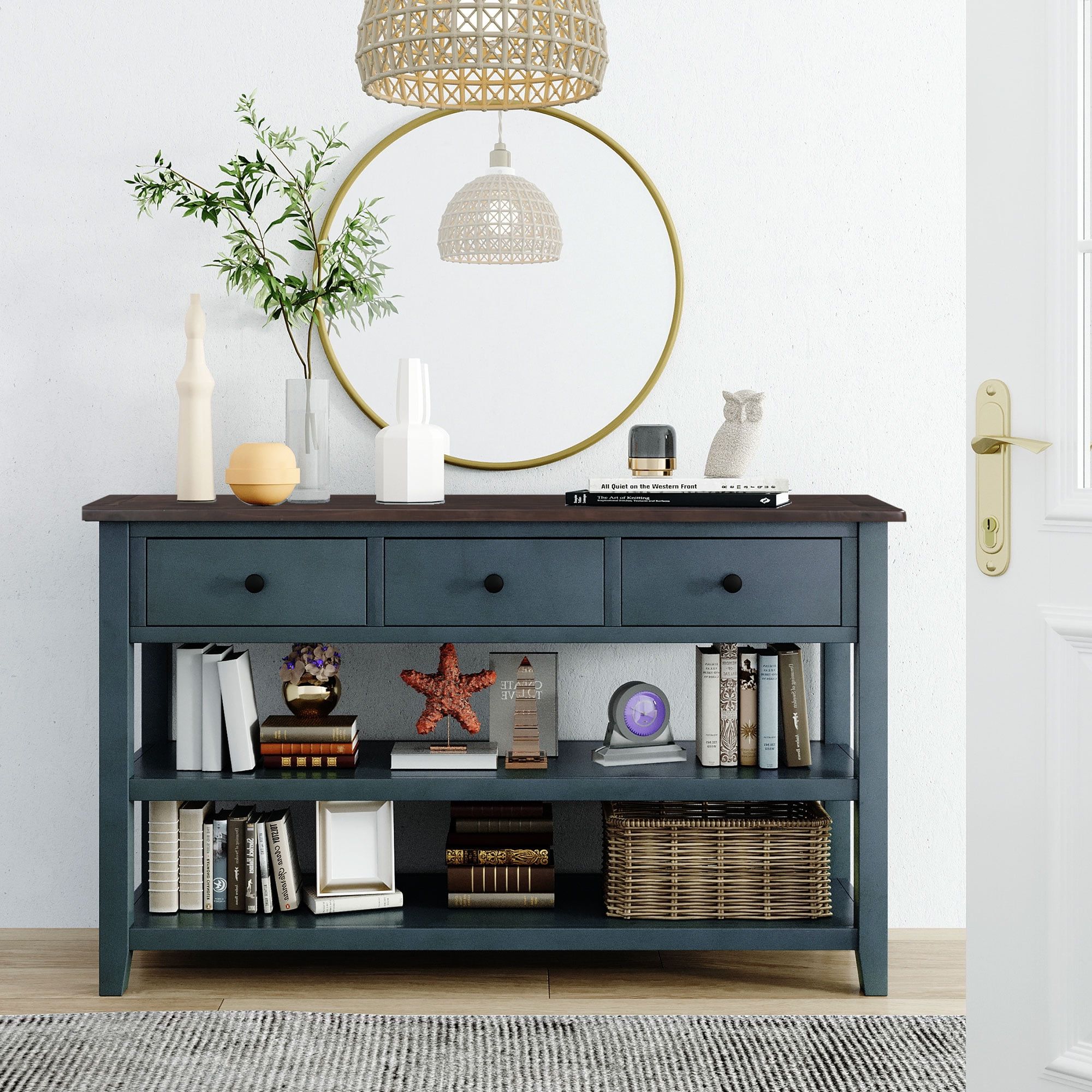 Retro Console Table With 3 Drawers And Two Open Shelves, Solid Wood Sideboard  Buffet With Vintage Round Handles, Multifunctional Accent Storage Cabinet  Cupboard For Living Room Bedroom Hallway, Navy – Walmart Intended For Sideboards Cupboard Console Table (View 11 of 20)