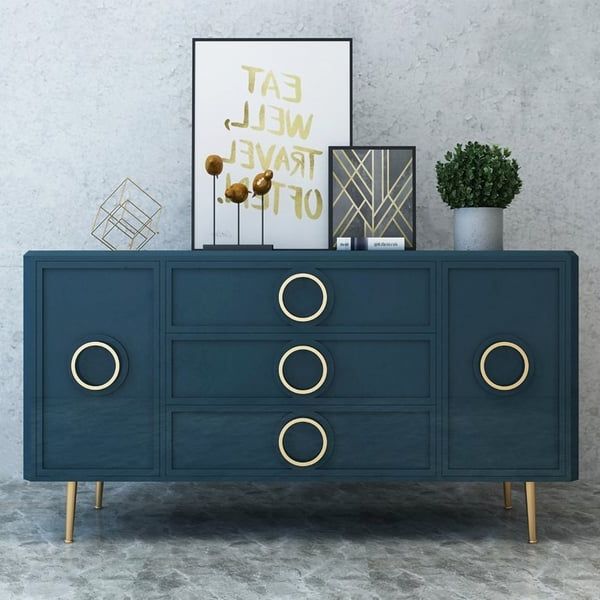 Rindix Blue Sideboard Cabinet Gold Credenza Drawers & 2 Doors 47.2''  Mid Century Homary Regarding Navy Blue Sideboards (Gallery 20 of 20)