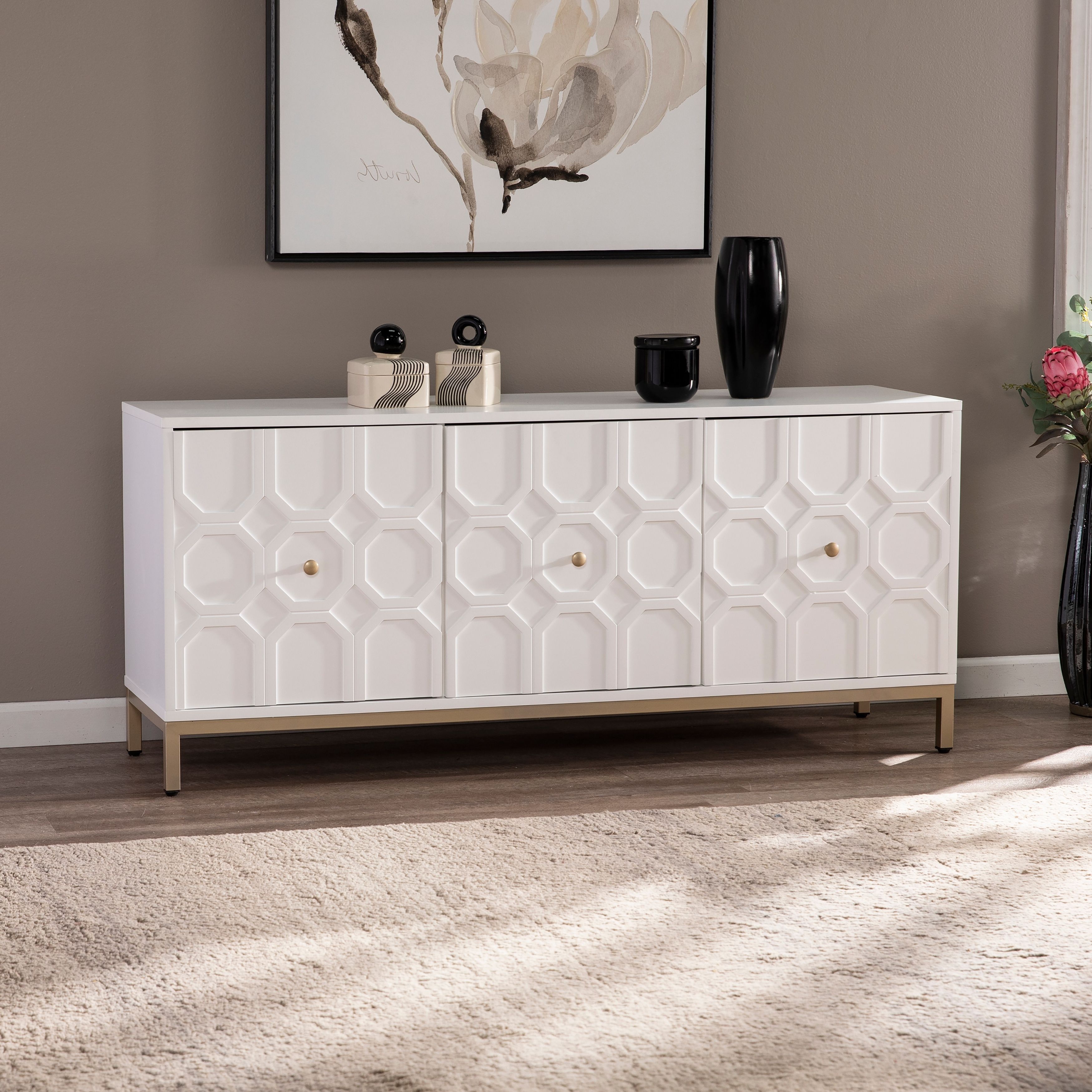 Sei Furniture Gliday Contemporary White Wood 3 Door Buffet Sideboard Accent  Cabinet – On Sale – Bed Bath & Beyond – 30217877 In Sideboards Accent Cabinet (Gallery 2 of 20)