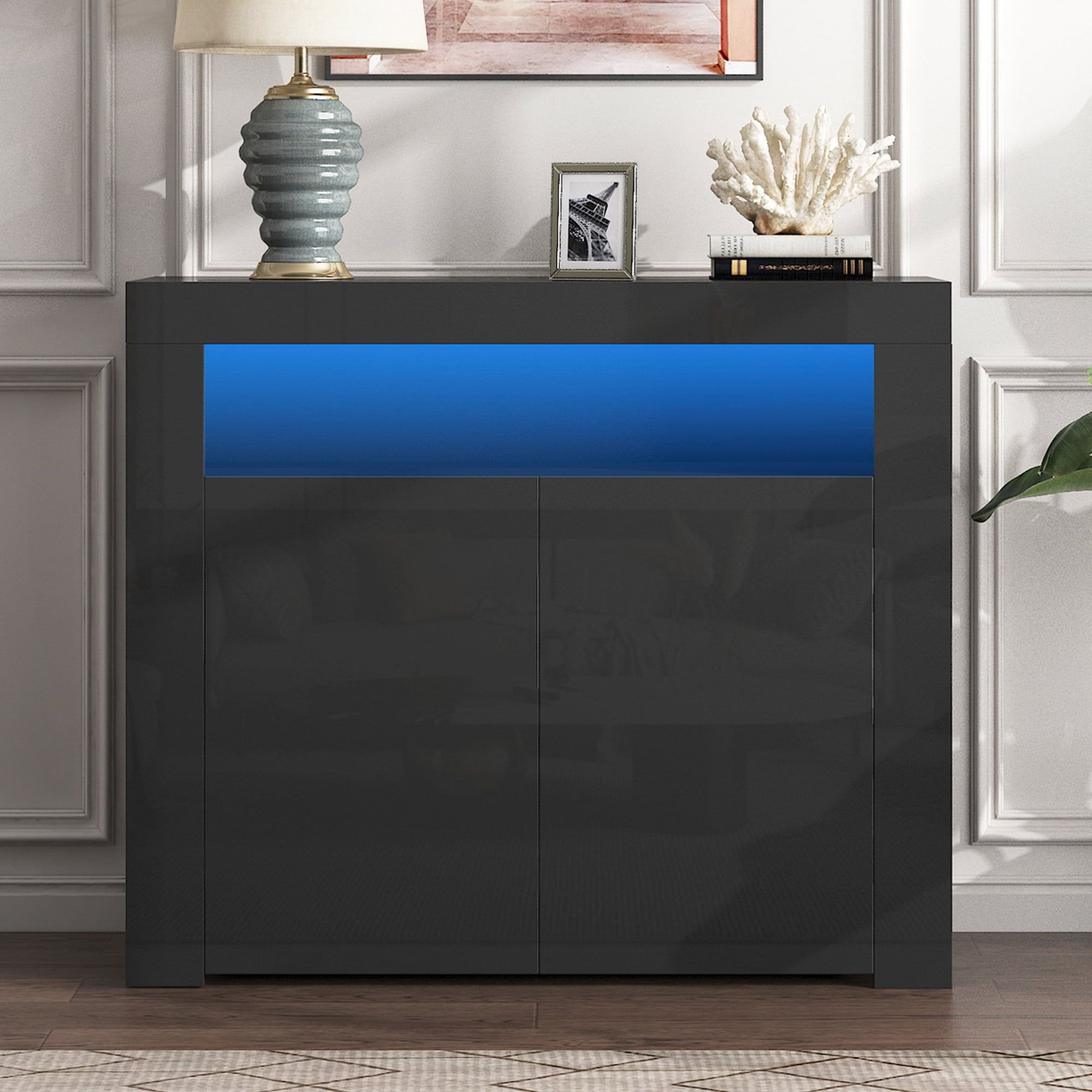 Seventh Sideboard Buffet Cabinet, High Gloss Wood Sideboard Cupboard With Led  Lights And Shelves, Kitchen Storage Server Table With Open Space, Modern  Dining Room Sideboards And Buffets, Black – Walmart With Regard To Sideboards With Led Light (Gallery 2 of 20)