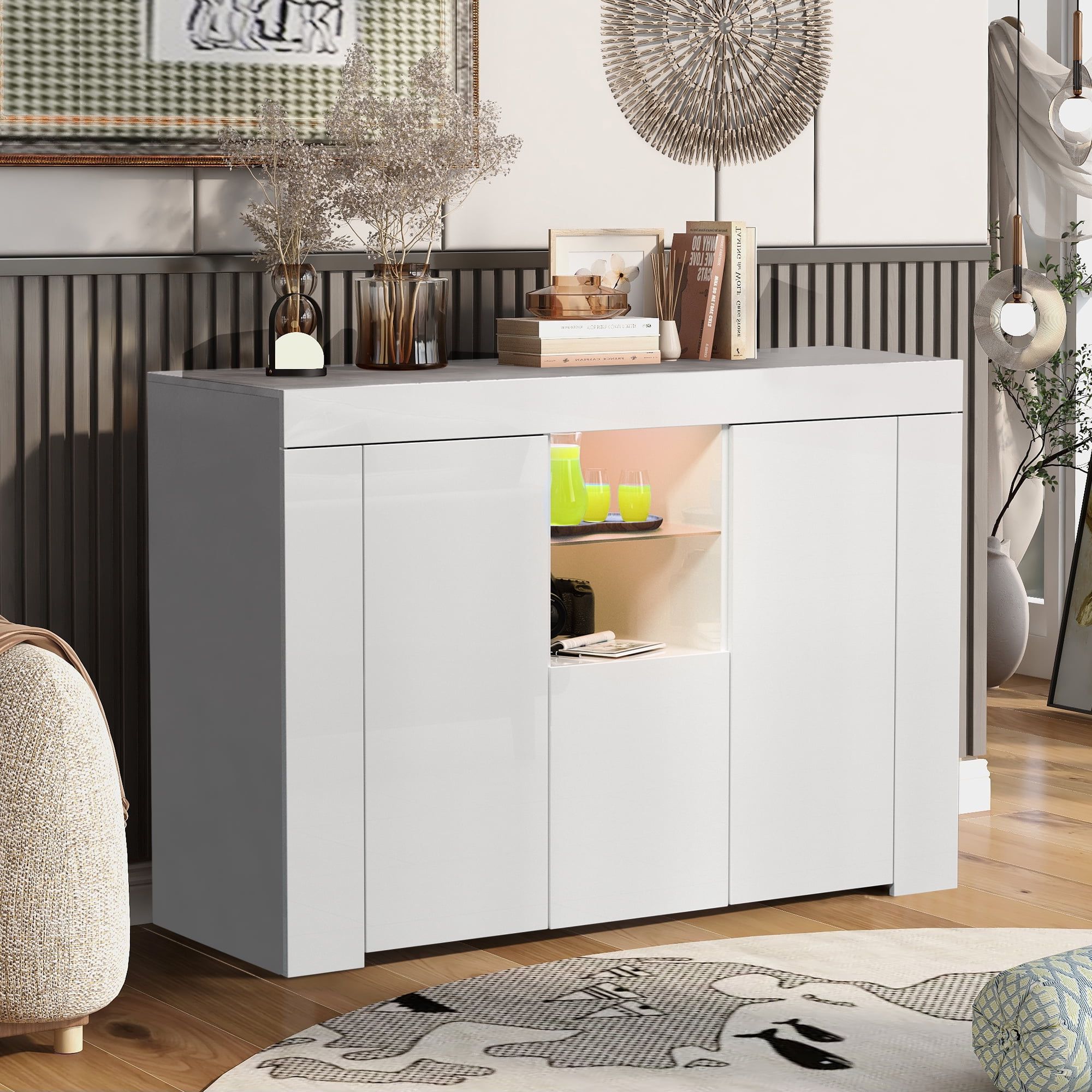 Sideboard Buffet Cabinet, Seventh High Gloss Wood Sideboard Cupboard With Led  Lights And Shelves, Kitchen Storage Server Table With Open Space, Modern  Dining Room Sideboards And Buffets, White, J4130 – Walmart Within Sideboards With Led Light (View 8 of 20)