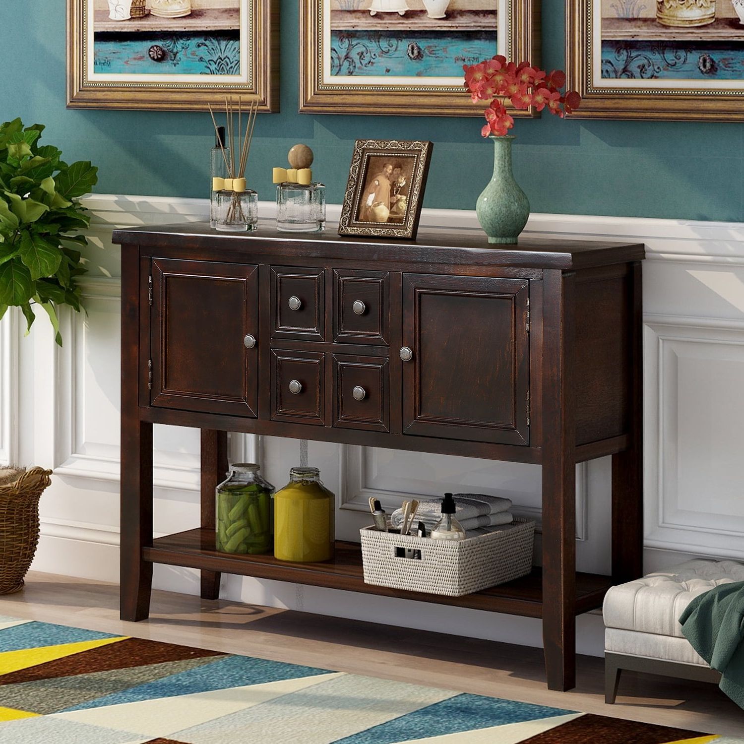 Sideboards And Buffets, 46" Buffet Cabinet Sideboard With 4 Storage Drawers  2 Cabinets And Bottom Shelf, Wood Console Table Storage Cabinet For Dining  Room Home Furniture, Espresso, L2432 – Walmart For Storage Cabinet Sideboards (Gallery 3 of 20)