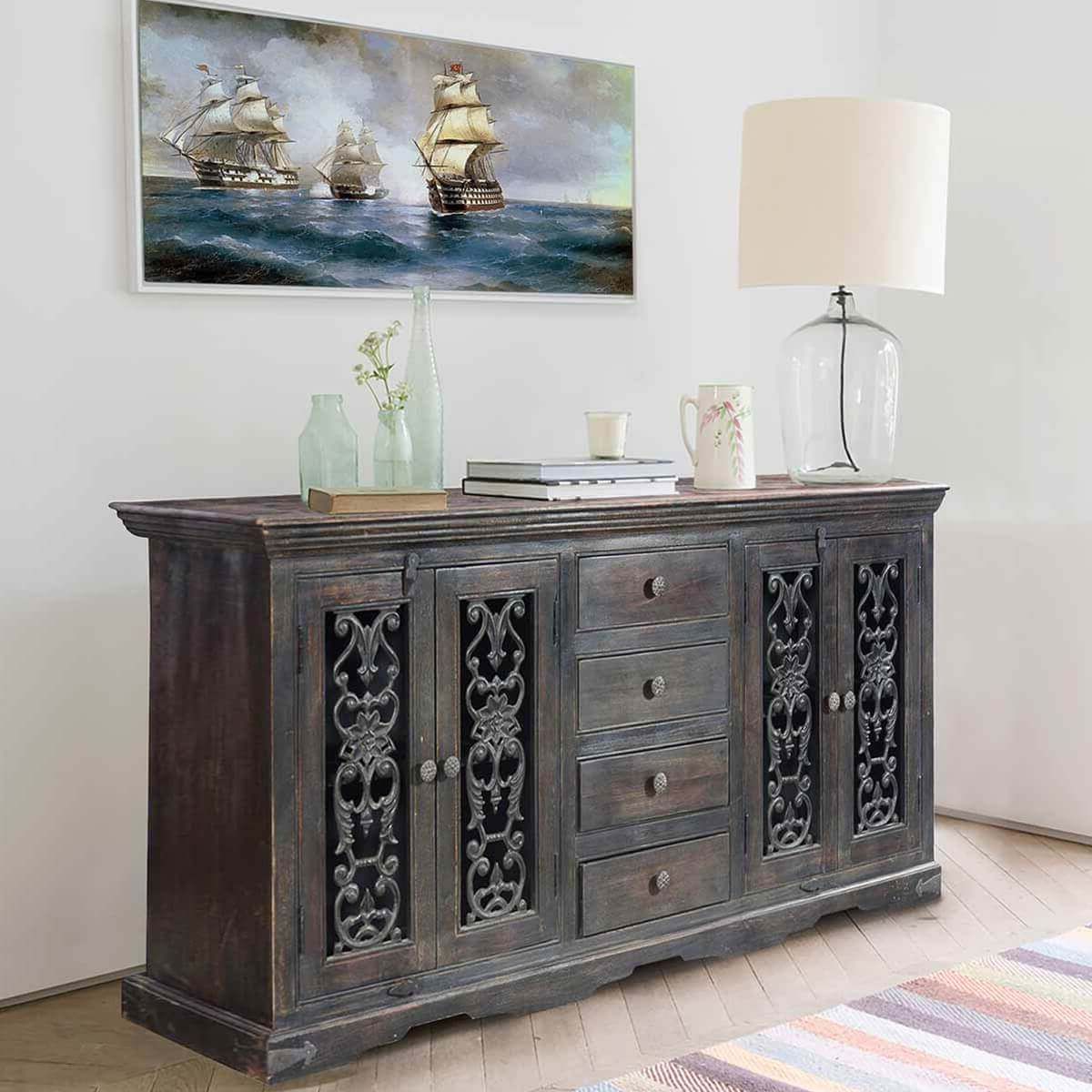 Smokey Grey Traditional Rustic Solid Wood 4 Drawer Large Sideboard Pertaining To Gray Wooden Sideboards (Gallery 10 of 20)