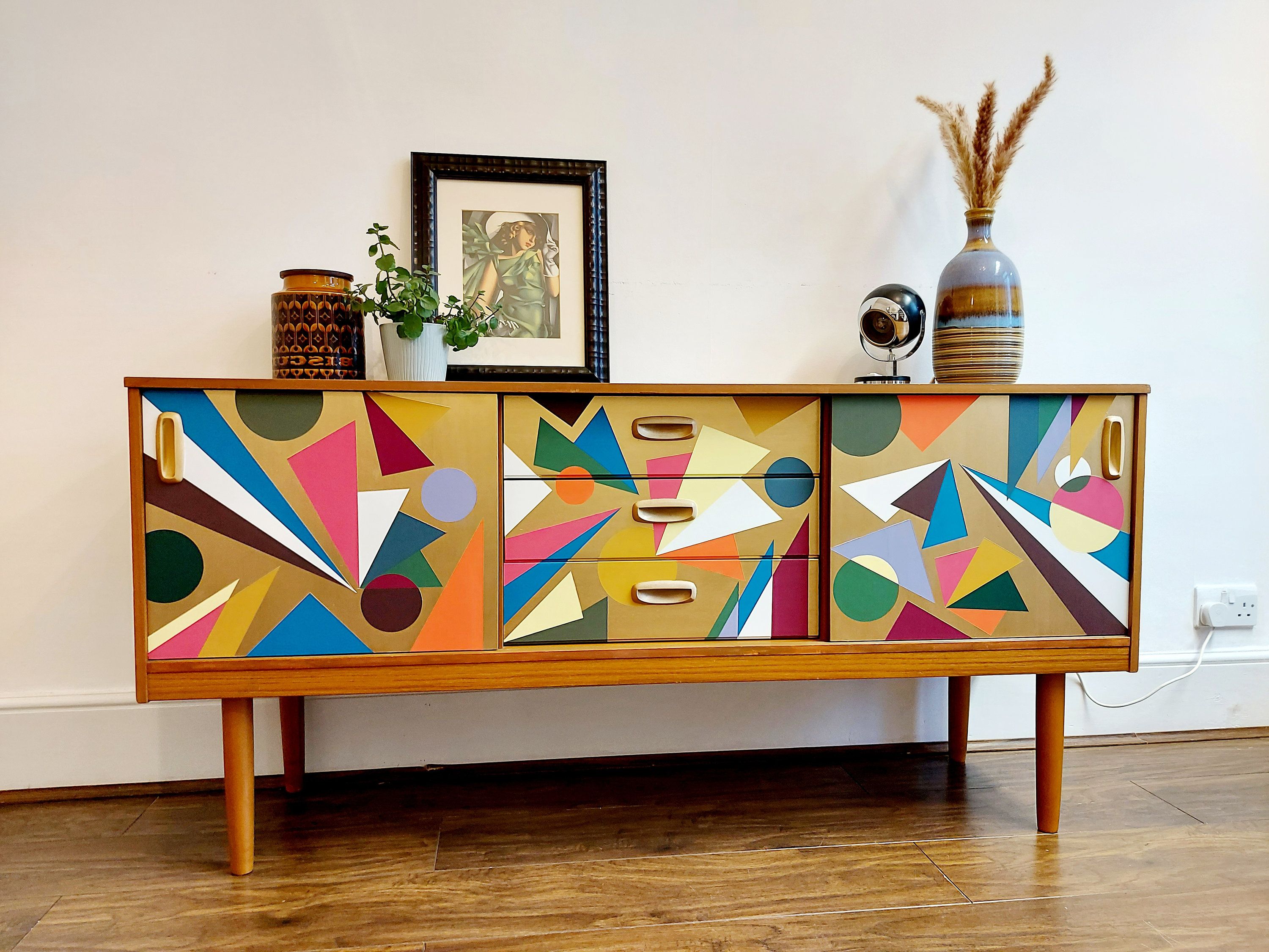 Sold Geometric Cabinet Painted Sideboard Credenza Up Cycled – Etsy In Geometric Sideboards (Gallery 10 of 20)