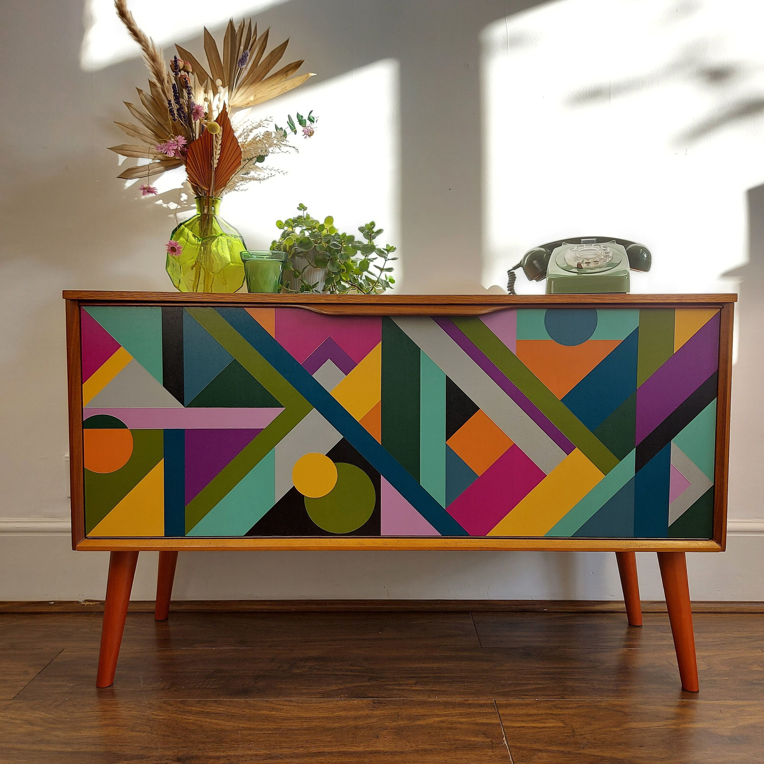 Sold Geometric Sideboard Hand Painted Credenza Up Cycled – Etsy In Geometric Sideboards (View 8 of 20)