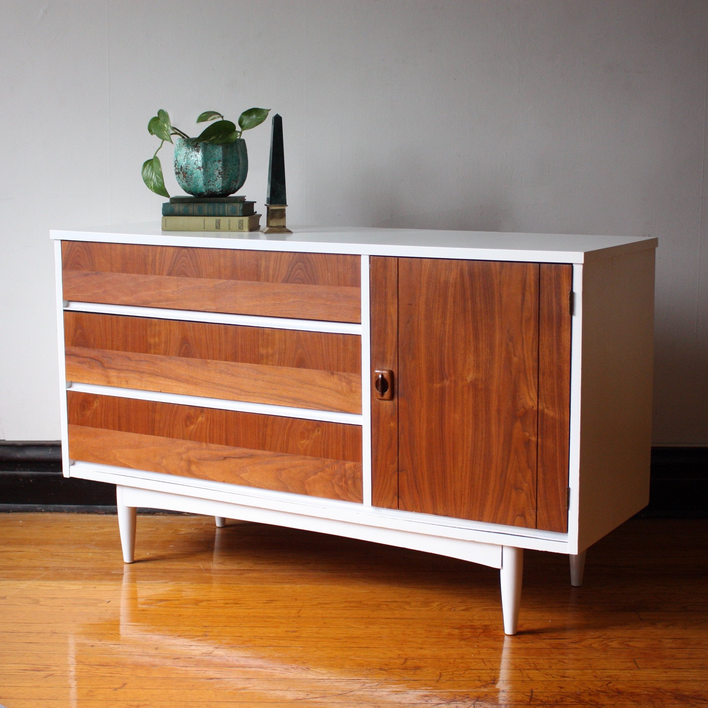 Soldwhite And Wood Mid Century Modern Credenza//mcm Media – Etsy In Mid Century Modern White Sideboards (View 8 of 20)