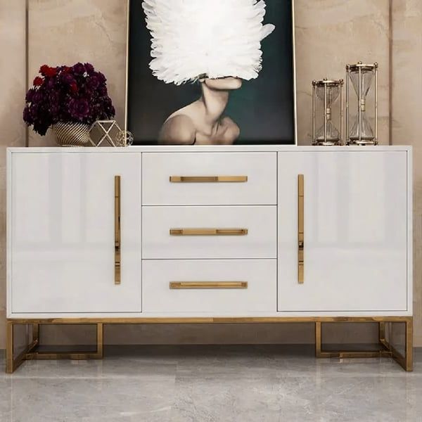 Stovf Modern 47" White Buffet 2 Doors & 3 Drawers Kitchen Storage Sideboard  Cabinet Gold Homary Inside 3 Drawers Sideboards Storage Cabinet (Gallery 12 of 20)