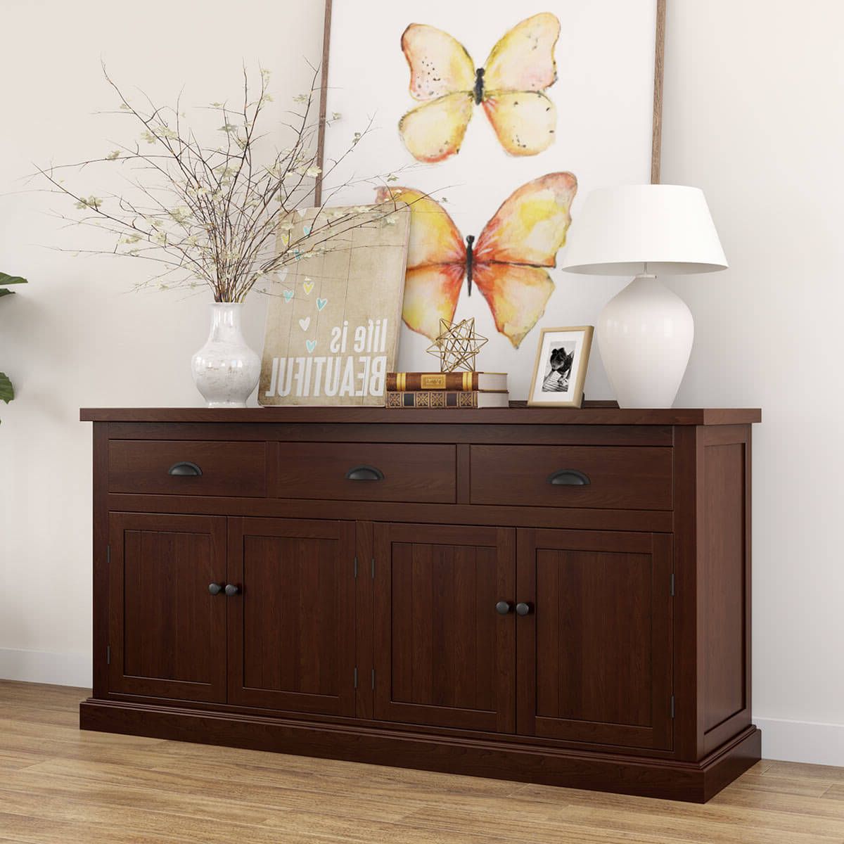 Tannersville Solid Mahogany Wood 3 Drawer Large Sideboard Cabinet Throughout Sideboards With 3 Drawers (View 7 of 20)