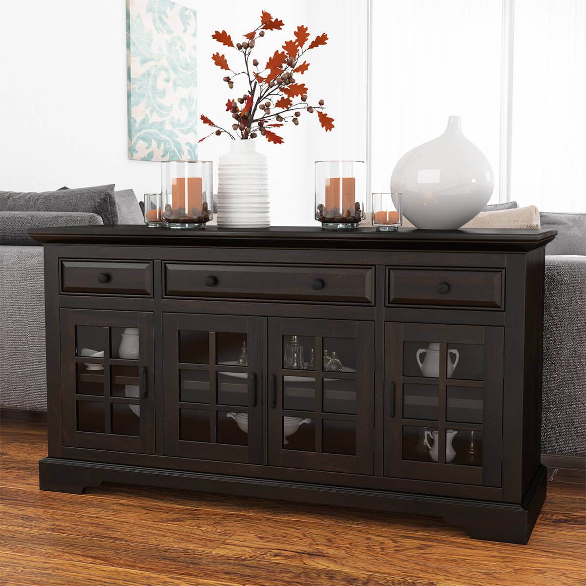 Tirana Rustic Solid Wood Glass Door 3 Drawer Large Sideboard Cabinet Throughout Sideboard Storage Cabinet With 3 Drawers &amp; 3 Doors (Gallery 20 of 20)