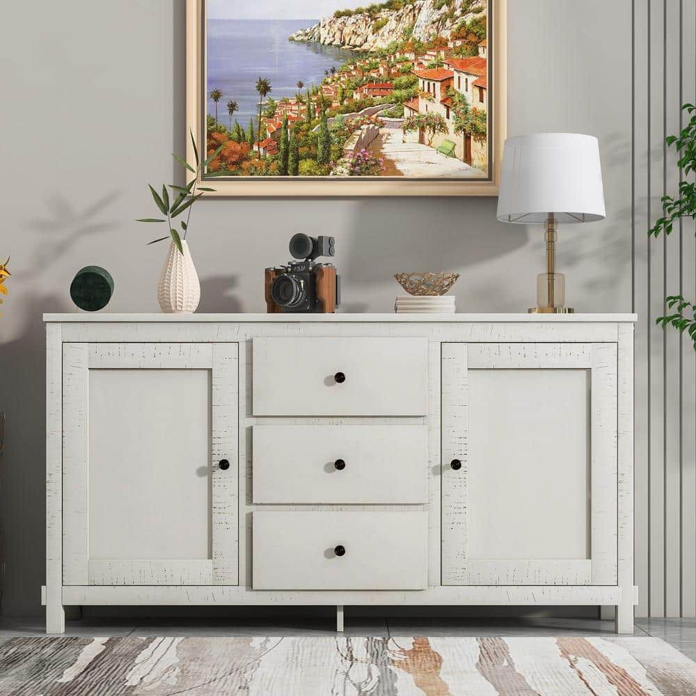 Urtr Antique White Retro Buffet Sideboard Storage Cabinet With 2 Cabinets  And 3 Drawers, Large Storage Spaces For Dining Room T 01233 K – The Home  Depot Intended For Wide Buffet Cabinets For Dining Room (View 7 of 20)