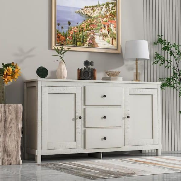 Urtr Antique White Retro Buffet Sideboard Storage Cabinet With 2 Cabinets  And 3 Drawers, Large Storage Spaces For Dining Room T 01233 K – The Home  Depot With Regard To Sideboards With 3 Drawers (View 11 of 20)