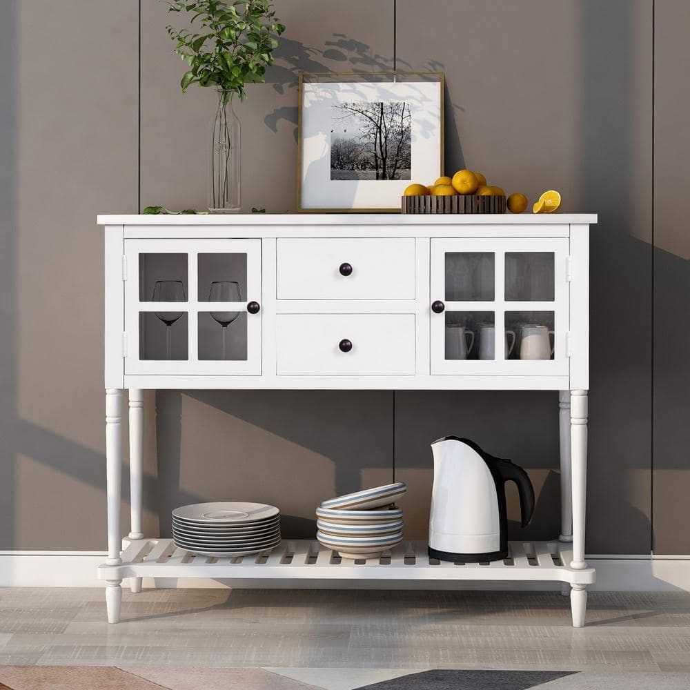 Urtr White Sideboard Console Table With Bottom Shelf Wood Buffet Storage  Cabinet Entryway Side Table For Living Room T 00853 K – The Home Depot Intended For Entry Console Sideboards (View 2 of 20)