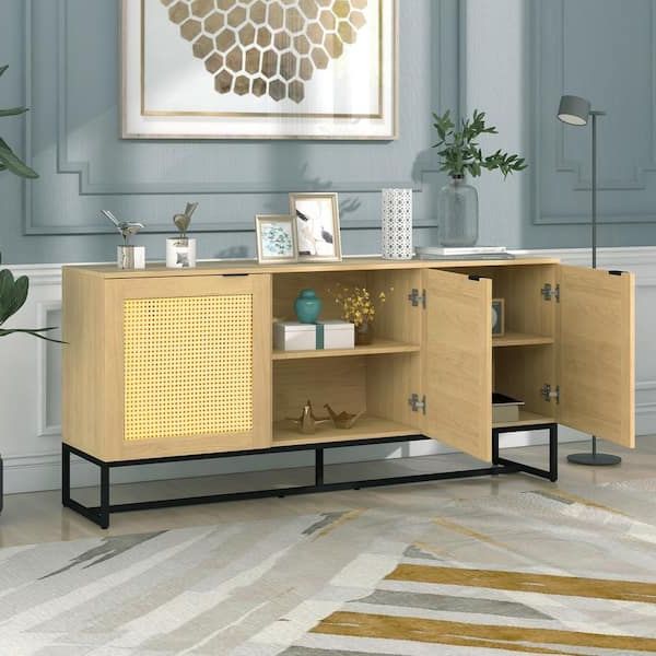 Urtr Wicker Natural Sideboard Storage Cabinet With 3 Doors, Wooden Mdf  Console Table Kitchen Dining Room Storage Cupboard T 01374 – The Home Depot Within 3 Doors Sideboards Storage Cabinet (View 4 of 20)