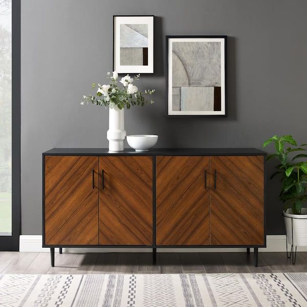 Walker Edison Furniture Company Hampton 58 In. Acorn Bookmatch And Solid  Black Buffet Stand Hd8822 – The Home Depot For Sideboards Bookmatch Buffet (Gallery 7 of 20)