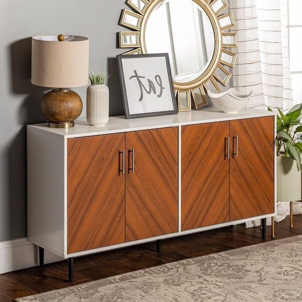 Walker Edison Furniture Company Hampton 58 In. Solid White And Teak Bookmatch  Buffet Stand Hdu58hpbmwht – The Home Depot For Sideboards Bookmatch Buffet (Gallery 2 of 20)