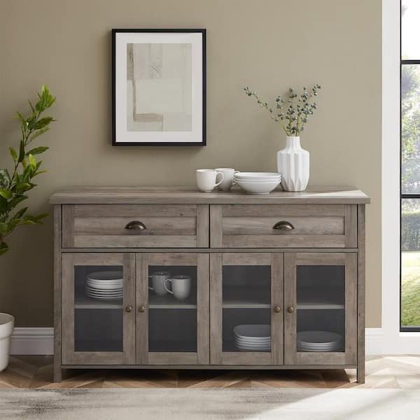 Welwick Designs Grey Wash Wood And Glass Transitional Farmhouse 4 Door  Sideboard With 2 Drawers Hd8976 – The Home Depot Pertaining To 4 Door Sideboards (View 6 of 20)
