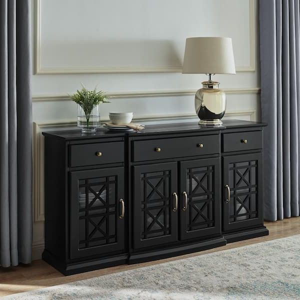 Welwick Designs Landon Fretwork 60 In. Black 4 Door Sideboard With 3 Drawers  Hd8488 – The Home Depot Intended For Sideboards With 3 Drawers (Gallery 6 of 20)