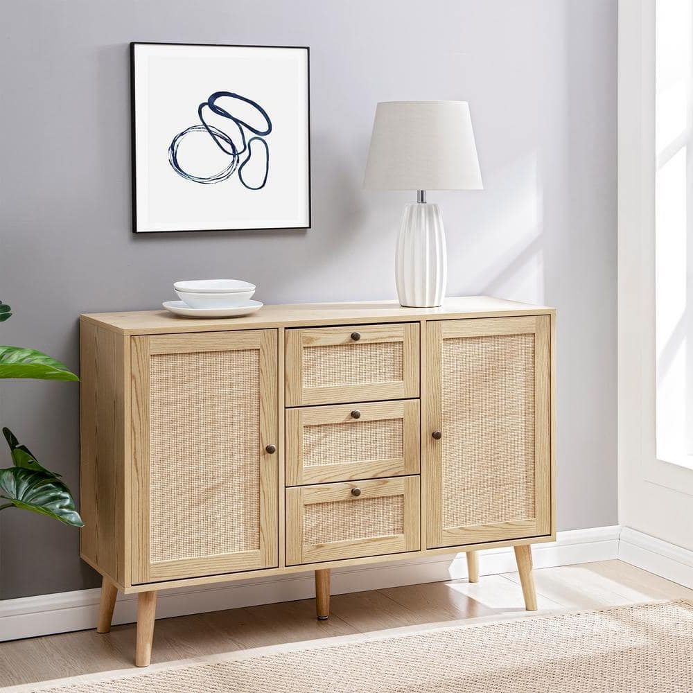 Welwick Designs Natural Wood And Rattan Boho Sideboard With 2 Doors And  3 Drawers Hd9143 – The Home Depot Inside Assembled Rattan Sideboards (Gallery 12 of 20)