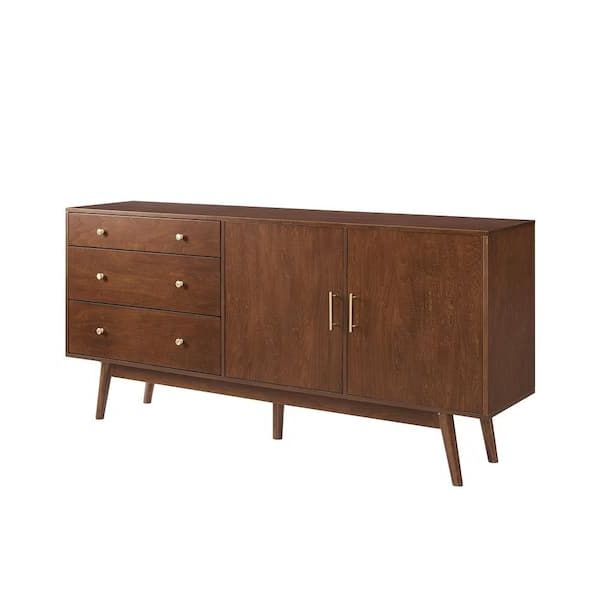 Welwick Designs Walnut 70 In. Mid Century Modern 3 Drawer And 2 Door  Sideboard Hd8493 – The Home Depot Throughout Mid Century Modern Sideboards (Gallery 11 of 20)