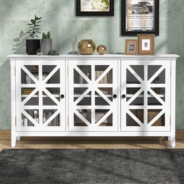 White Vintage Accent Cabinet Modern Console Table Sideboard For Living  Dining Room With 3 Doors And Adjustable Shelves Ec Sbw 61613 – The Home  Depot Throughout 3 Door Accent Cabinet Sideboards (Gallery 17 of 20)