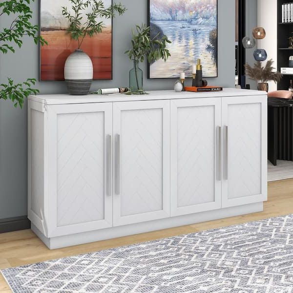White Wood 60 In. 4 Doors Sideboard Buffet Cabinet With Adjustable Shelves  And Large Storage Space Fy Xw000013aak – The Home Depot For Sideboard Buffet Cabinets (Gallery 9 of 20)