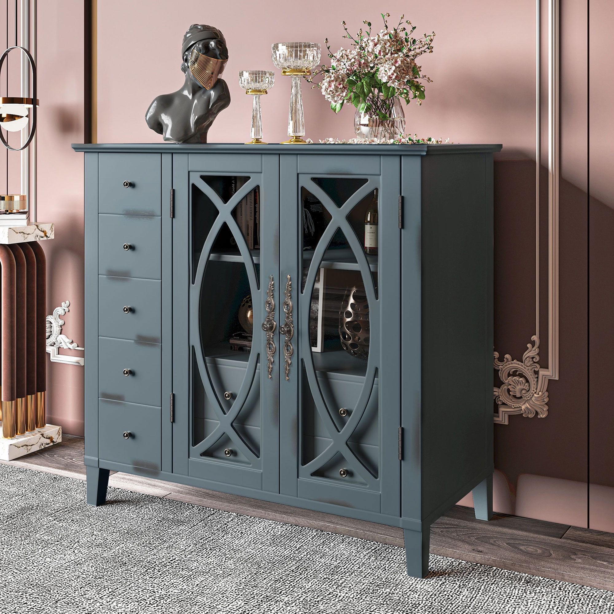 Wooden Accent Storage Cabinet Buffets & Sideboards With Adjustable Shelf,  Modern Sideboard, Wooden Cabinet With 7 Drawers, For Entryway, Living Room,  Bedroom, Antique Gray – Walmart Intended For 4 Door Sideboards (Gallery 17 of 20)