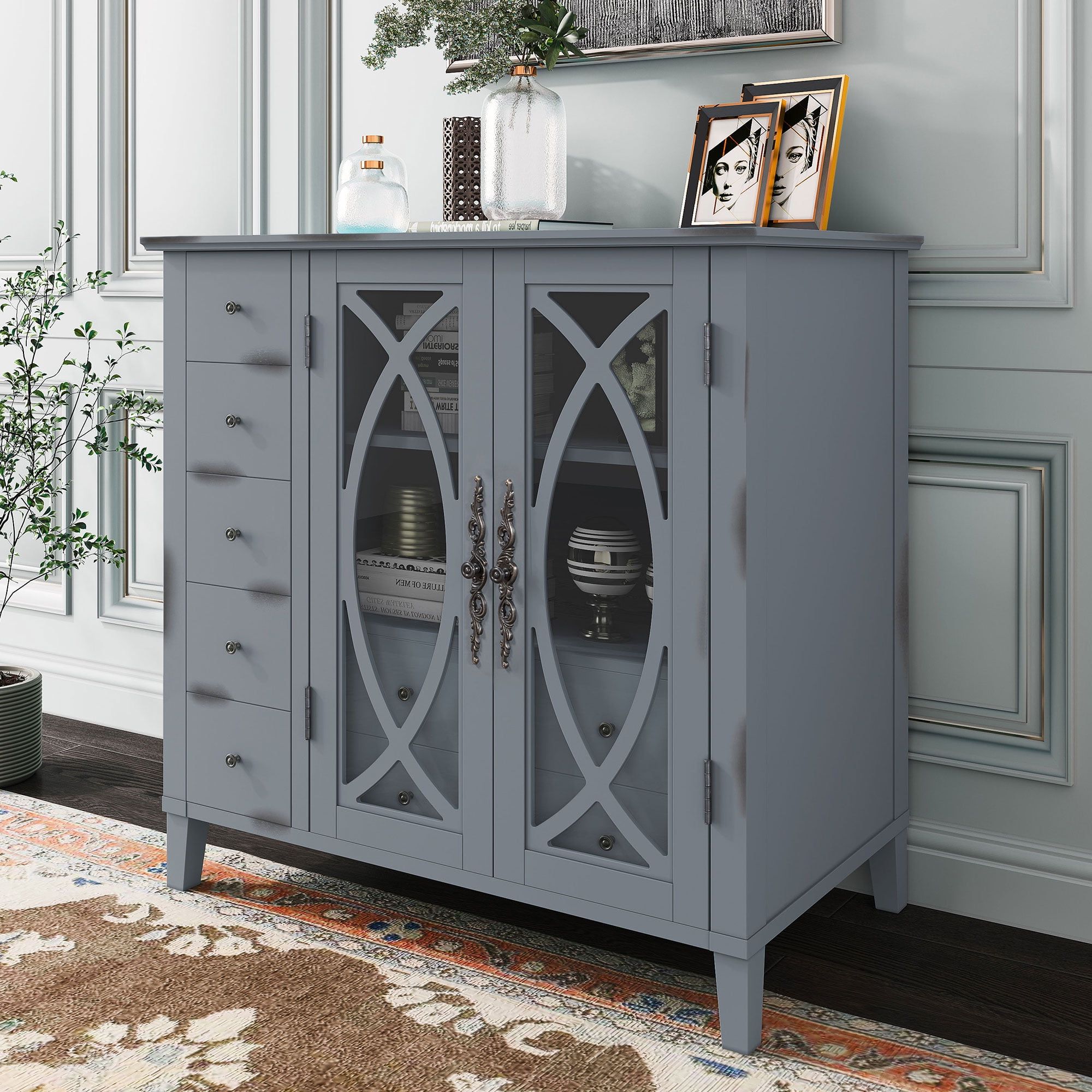 Wooden Accent Storage Cabinet Buffets & Sideboards With Adjustable Shelf,  Modern Sideboard, Wooden Cabinet With 7 Drawers, For Entryway, Living Room,  Bedroom, Antique Navy Blue – Walmart For 4 Door Sideboards (View 15 of 20)