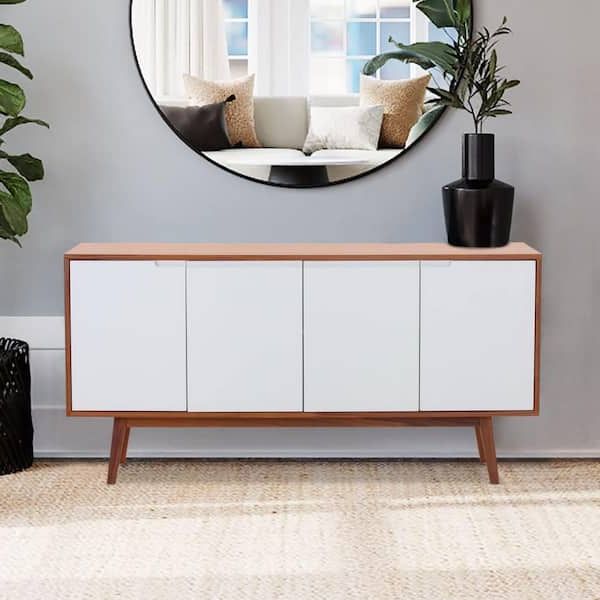 Zeus & Ruta Walnut Wood And White Buffet Table With 4 Doors 2 Adjustable  Shelves Solid Wood Legs Mid Century Modern Console Table Ssi211209 – The  Home Depot Intended For Mid Century Modern White Sideboards (View 11 of 20)