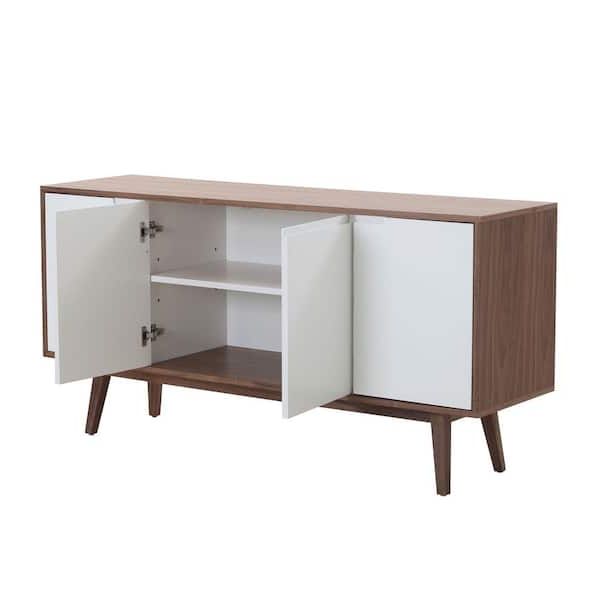 Zeus & Ruta Walnut Wood And White Buffet Table With 4 Doors 2 Adjustable  Shelves Solid Wood Legs Mid Century Modern Console Table Ssi211209 – The  Home Depot With Regard To Mid Century Modern White Sideboards (View 15 of 20)