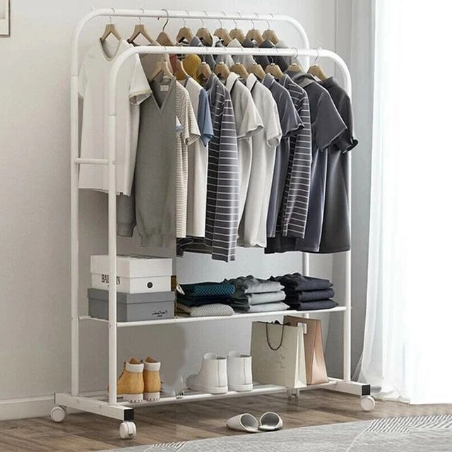 1.5m Large Clothes Rack Double Rail Rolling Stand Shoes Rack Storage Shelf  White – Aliexpress For Large Double Rail Wardrobes (Gallery 16 of 20)